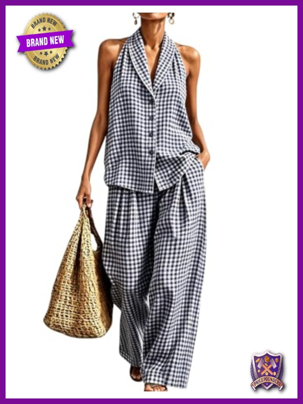 Womens 100% Cotton Gingham 2 Piece Set Halter Tank Top Barrel Leg Pant
